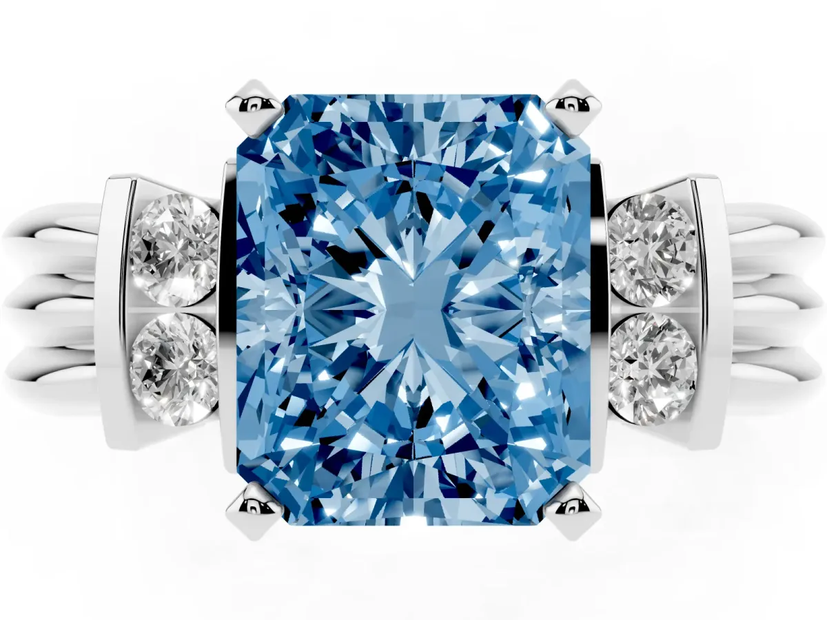 Fancy Blue Radiant Cut Cut Three-Stone Channel Set Ring with Bar Prongs Silver