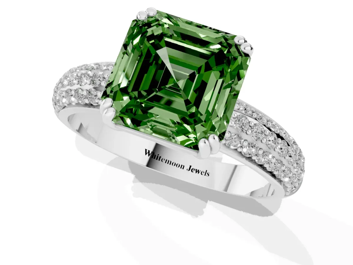 Fancy Green Asscher Cut Diamond Solitaire Ring with Multi-Row Round Pavé Band and Prong Setting Silver