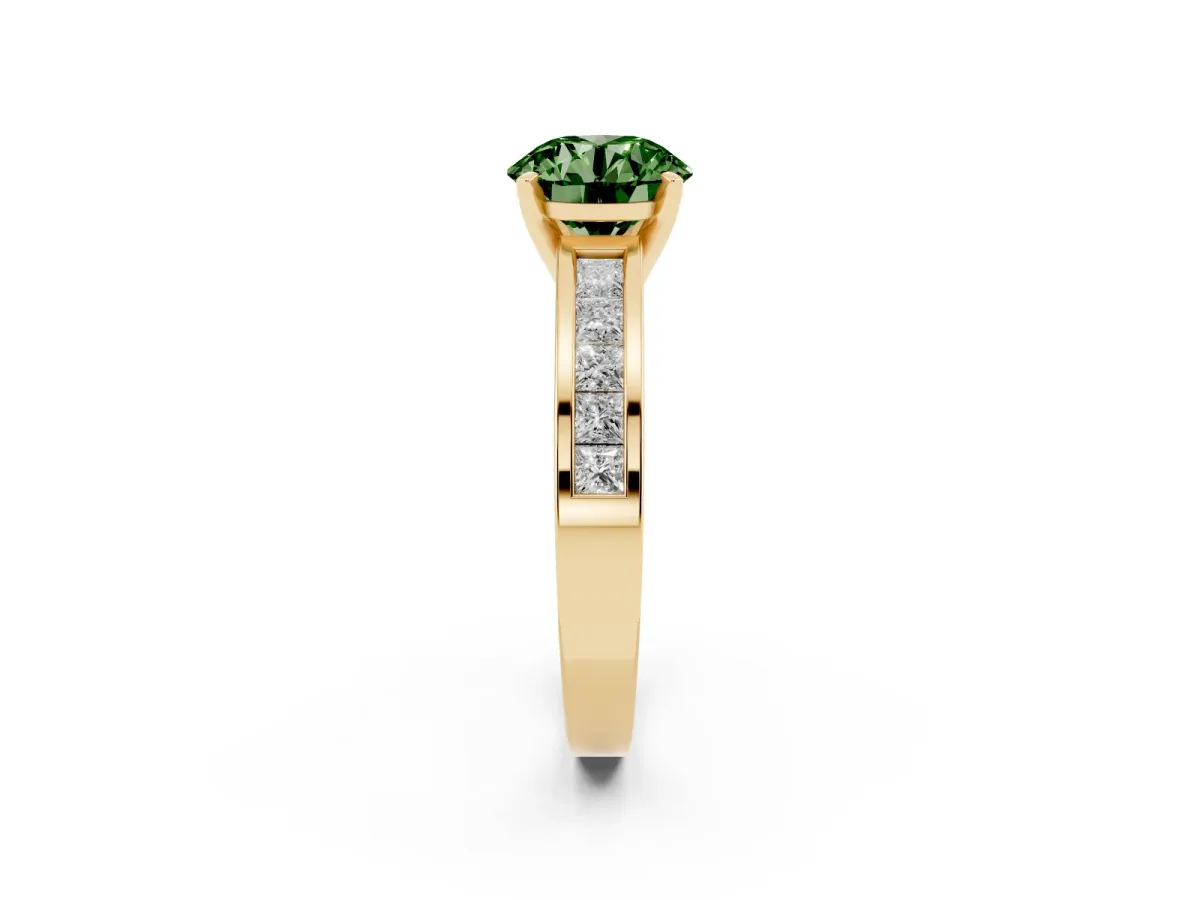 Fancy Green Round Cut Solitaire Diamond Ring with Channel-Set Band and Four-Prong Setting Yellow gold