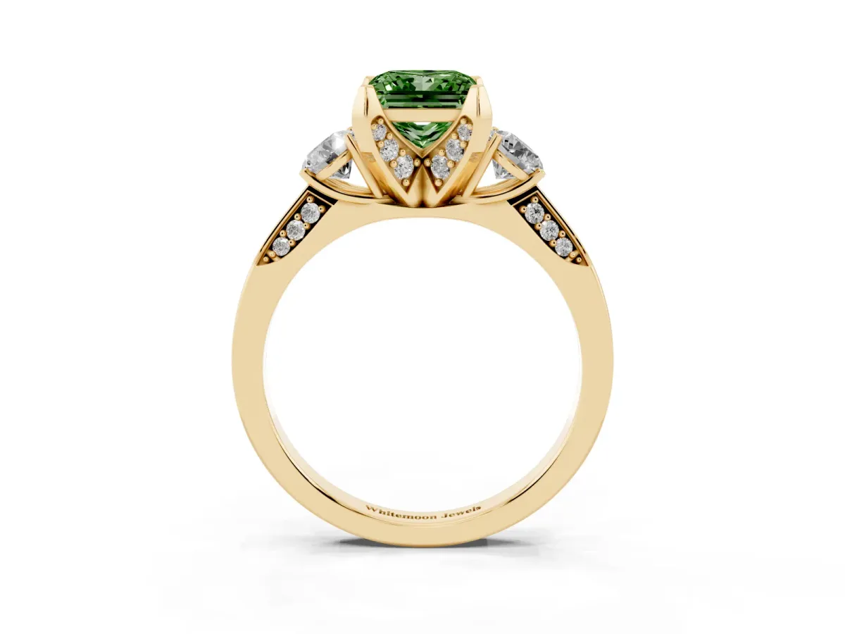 Fancy Green Princess Cut Brilliant Three-Stone Diamond Ring with Pavé Band and Four-Prong Setting Yellow gold