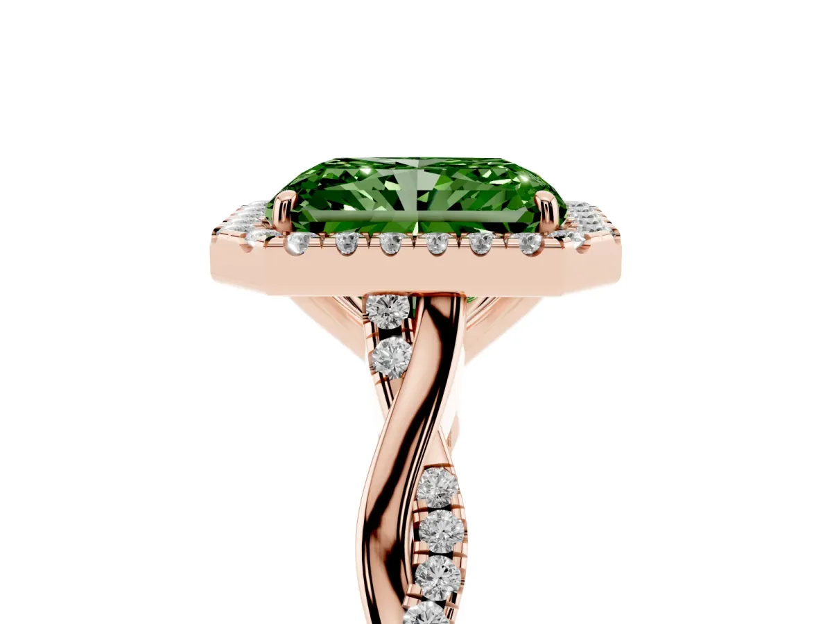 Fancy Green Radiant Cut Halo Twist Band Solitaire Ring Rose gold