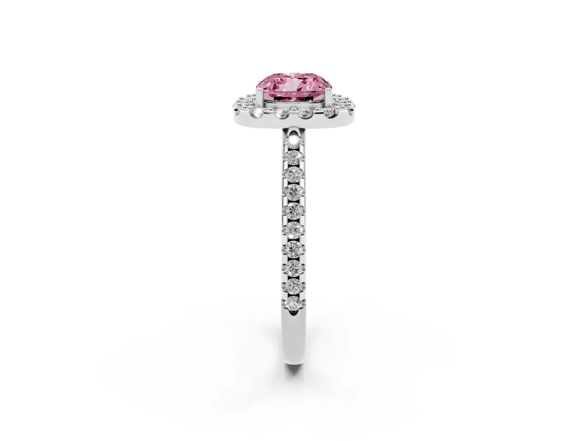 Fancy Pink Cushion Cut Diamond Pavé Halo Ring with Four-Prong Setting Silver