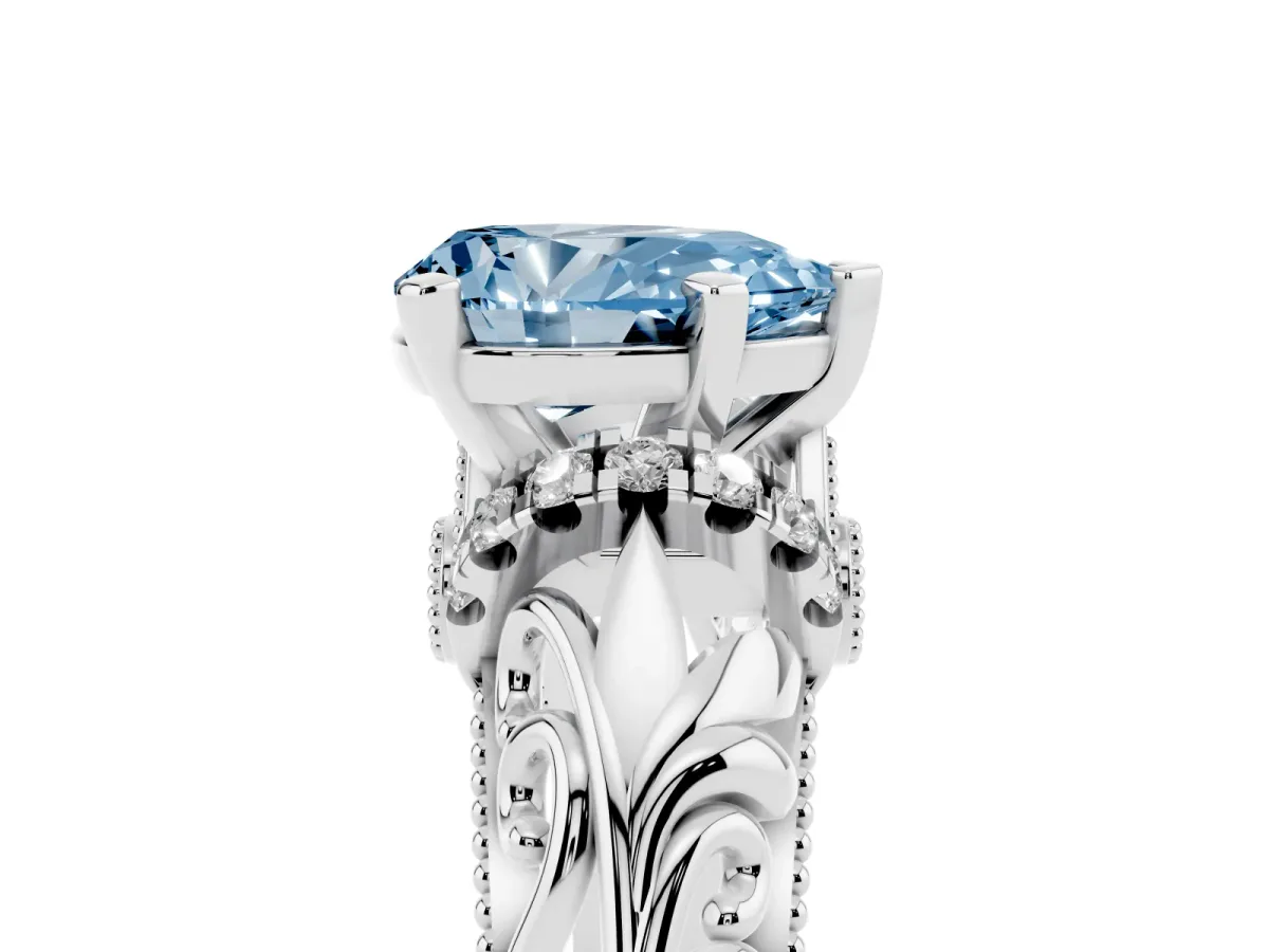 Fancy Blue Pear Cut Solitaire Filigree Engagement Ring with Halo and Prong Setting Silver