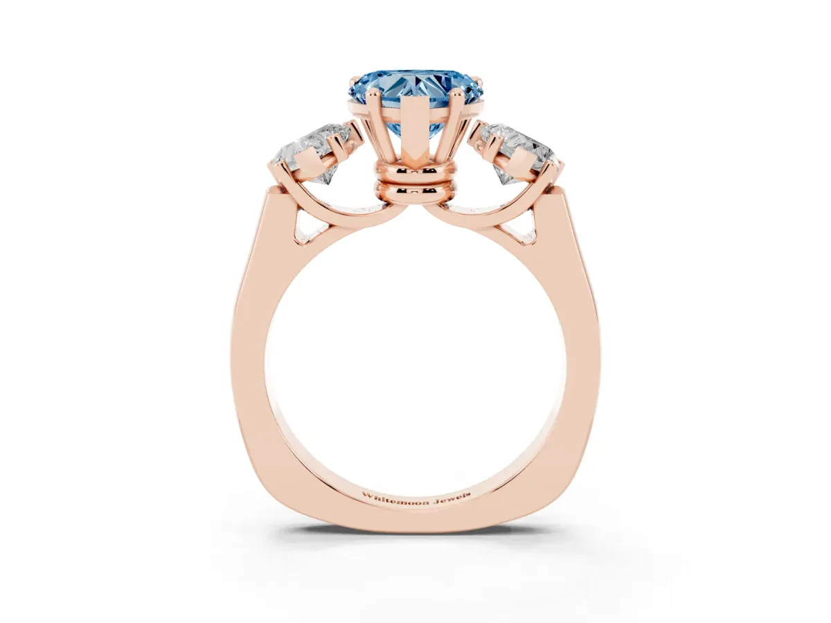 Fancy Blue Three-Stone Heart Cut Brilliant Diamond Trellis Ring with Comfort Fit Band Rose gold