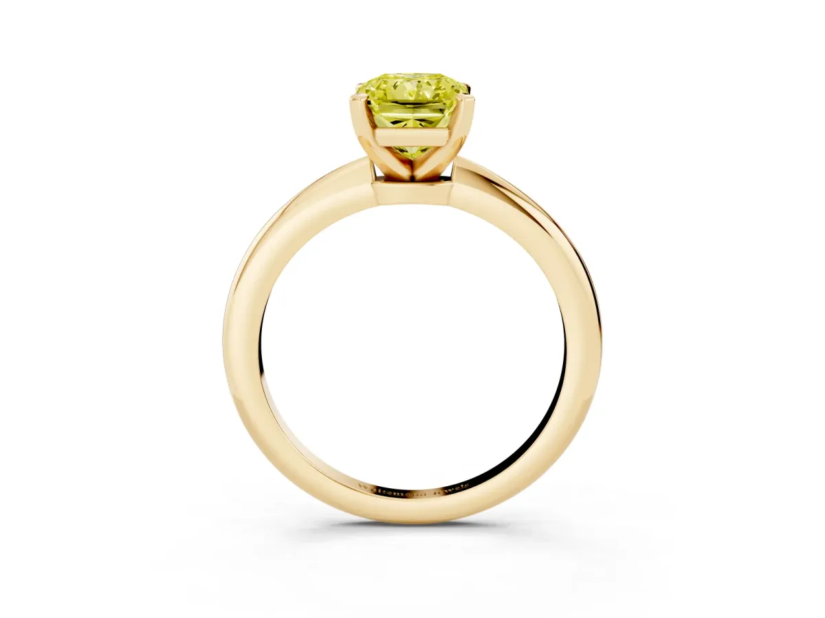 Fancy Yellow Radiant Cut Diamond Solitaire Ring with Prong Setting and Classic Band Yellow gold