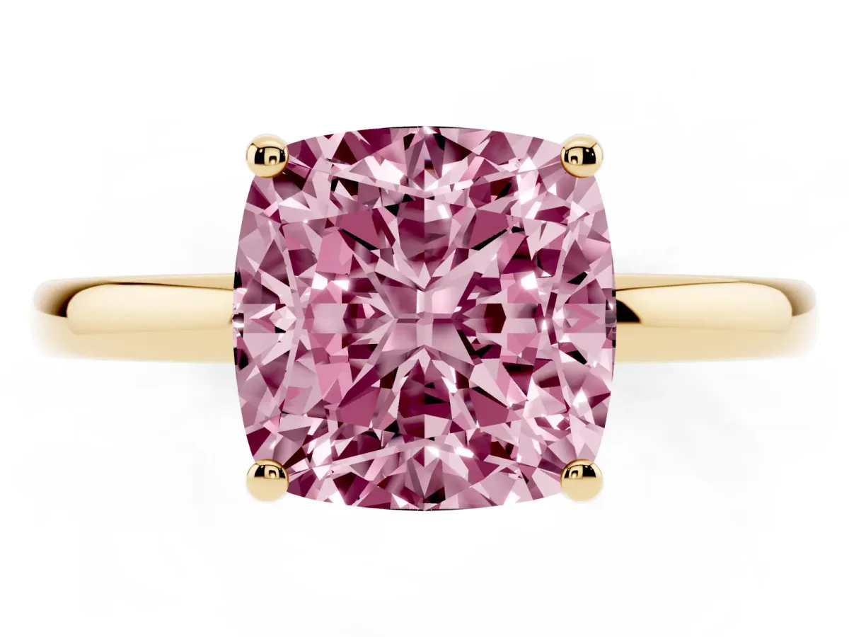Fancy Pink Cushion Cut Solitaire Diamond Ring with Prong Setting and Plain Band Yellow gold