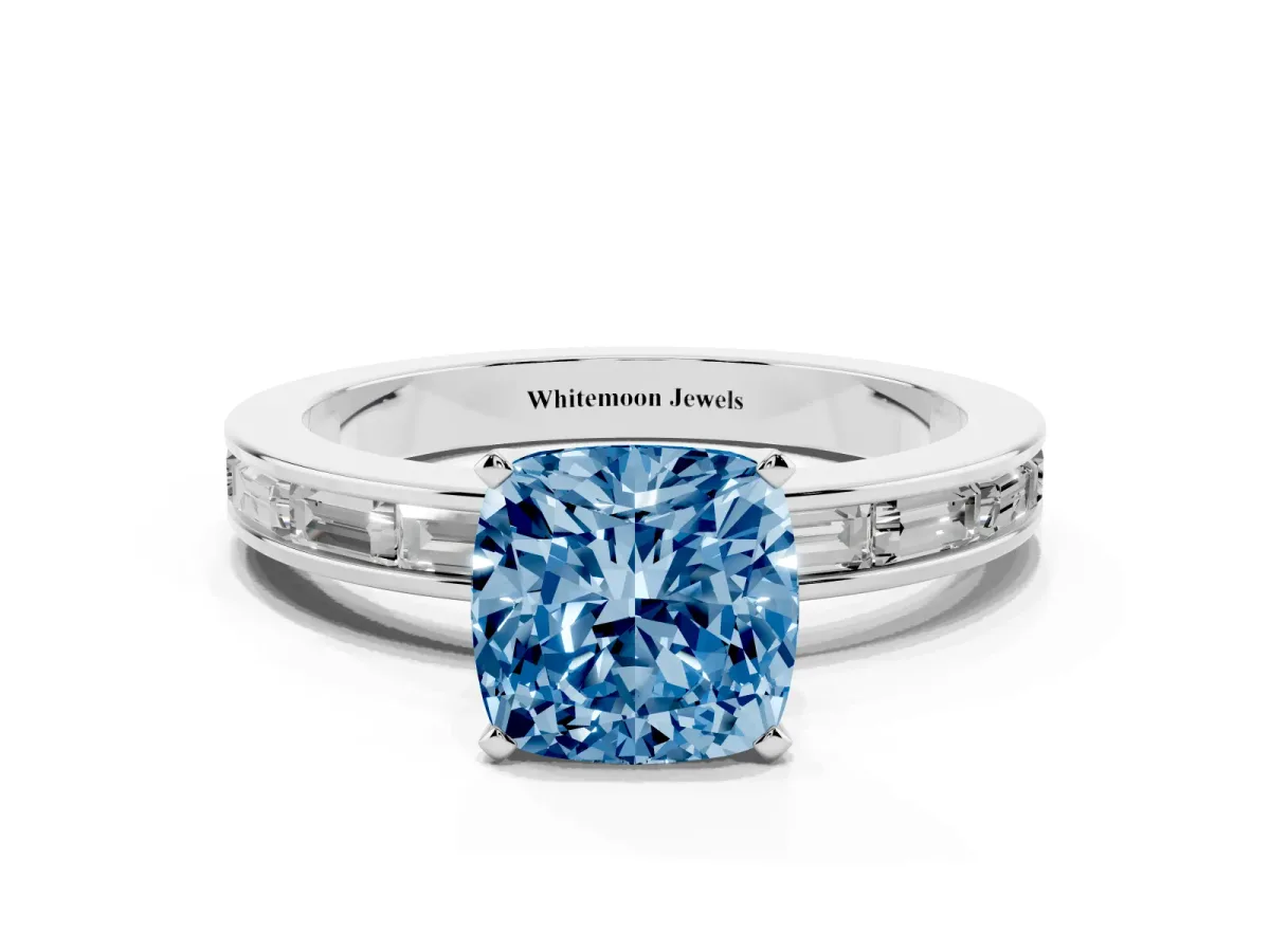 Fancy Blue Cushion Cut Solitaire Diamond Ring with Channel-Set Baguette Band and Four-Prong Setting Platinum