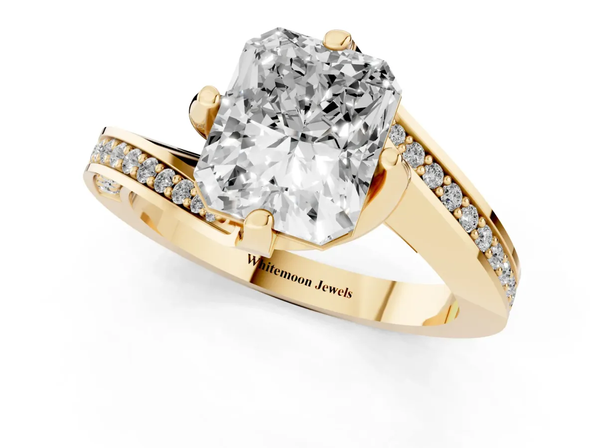 Radiant Cut Solitaire Diamond Twist Band with Pavé Setting and Four-Prong Setting Yellow gold
