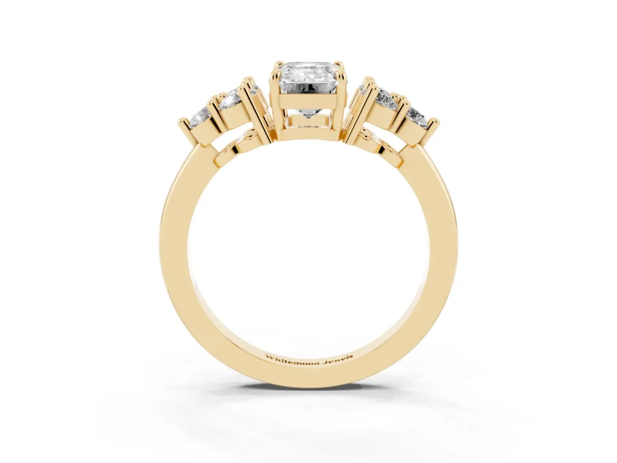 Emerald Cut Brilliant Diamond Cluster Accent Solitaire Ring with Prong Setting Yellow gold