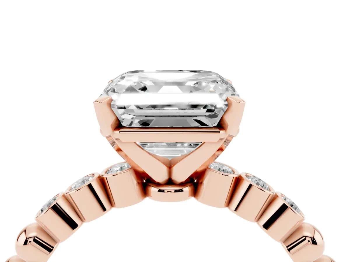Asscher Cut Solitaire Bezel Accent Diamond Engagement Ring with Beaded Band and Four-Prong Setting Rose gold