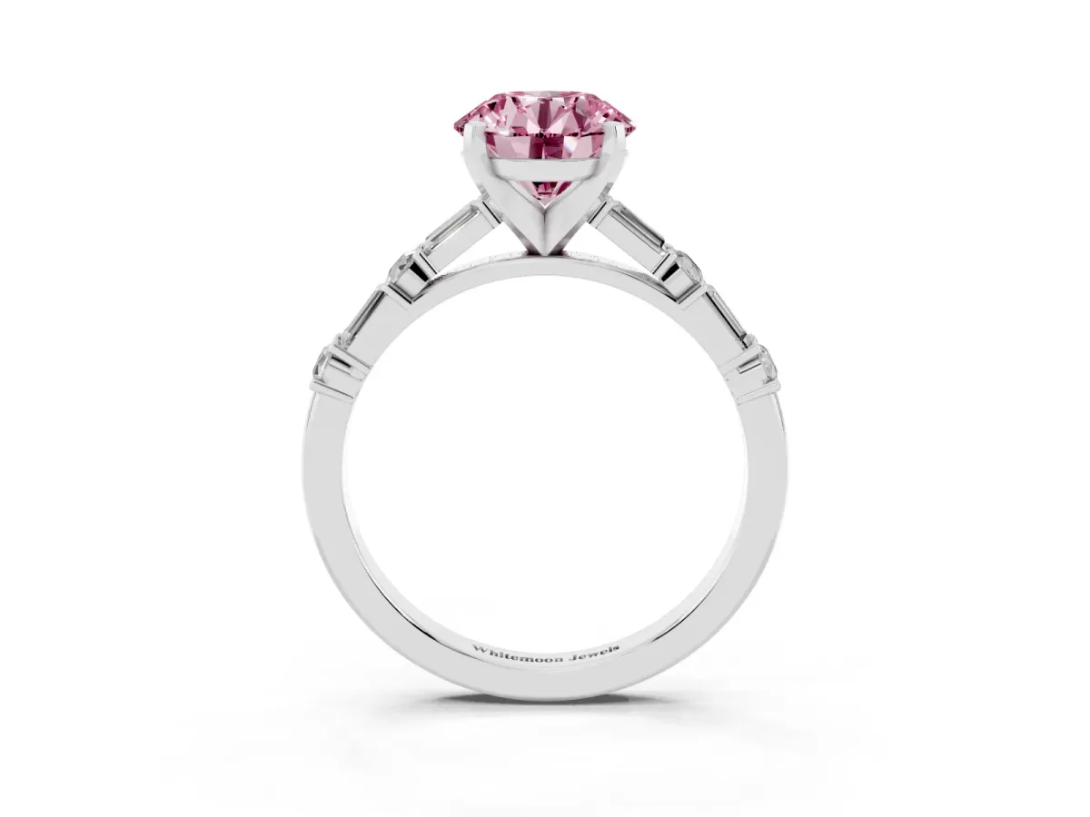 Fancy Pink Round Cut Diamond Solitaire with Side Baguettes and Channel Set Band Silver