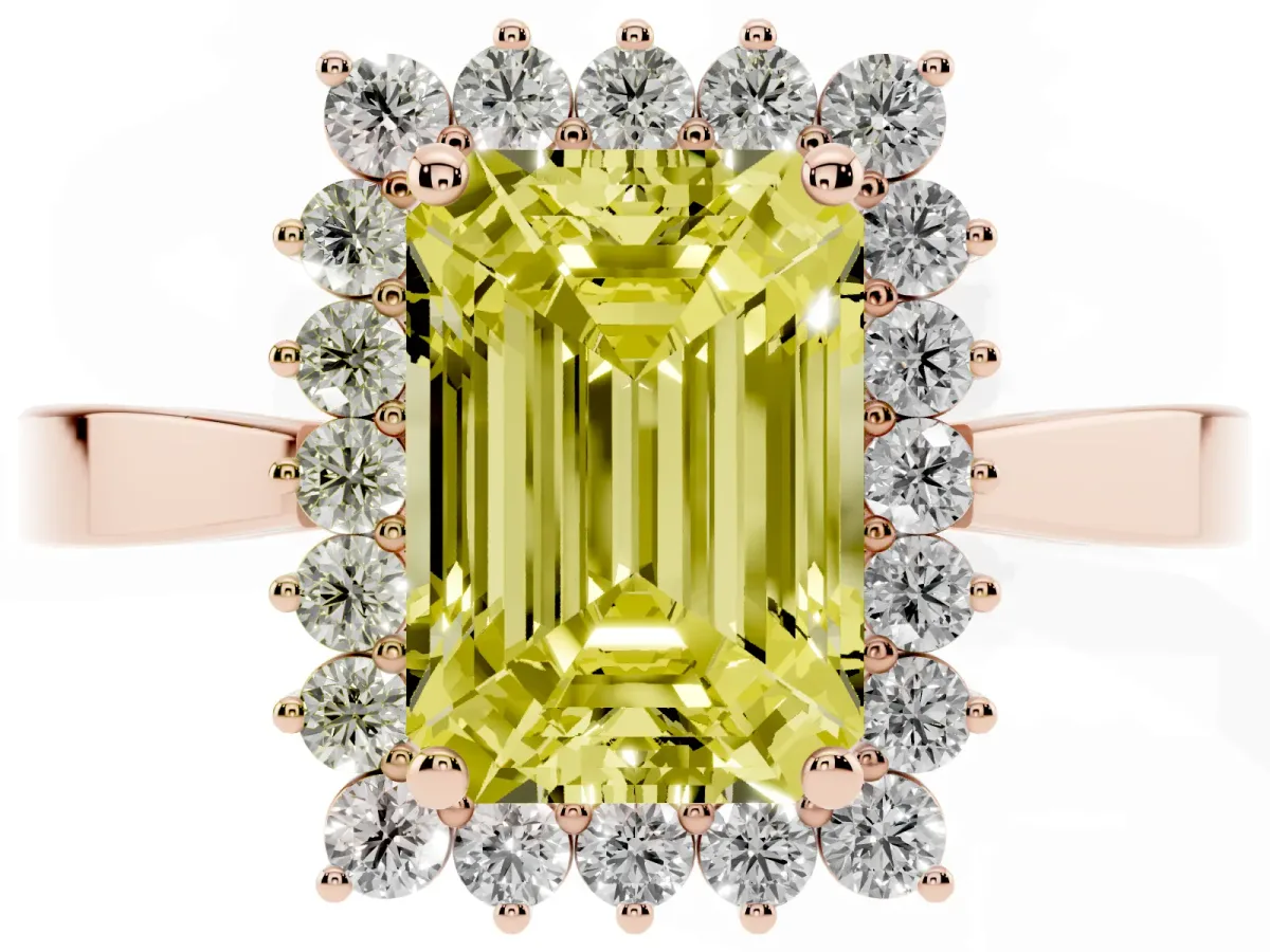 Fancy Yellow Emerald Cut Cut Diamond Halo Ring with Round Brilliant Halo and Solitaire Band Rose gold