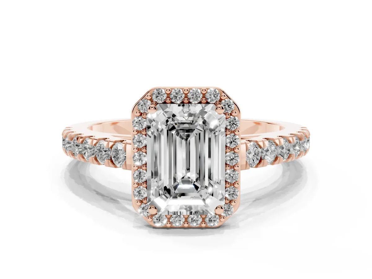 Emerald Cut Cut Halo Diamond Engagement Ring with Pave Band and Four-Prong Setting Rose gold