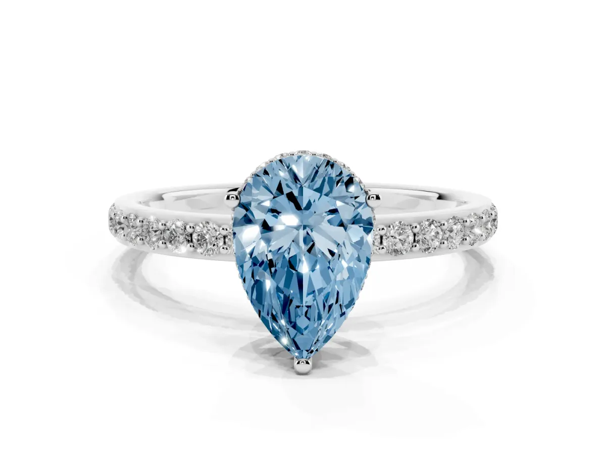 Fancy Blue Pear Cut Diamond Solitaire Ring with Pavé Band and Hidden Halo Silver