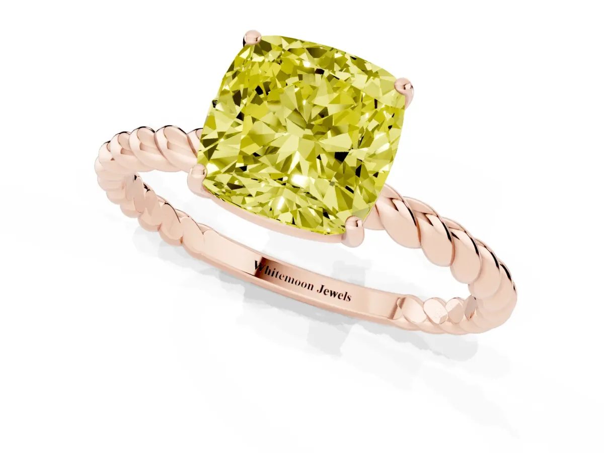 Fancy Yellow Cushion Cut Solitaire Twist Band Ring with Four-Prong Setting Rose gold