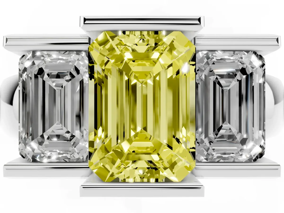 Fancy Yellow Three Stone Emerald Cut Cut Channel Set Diamond Ring Platinum