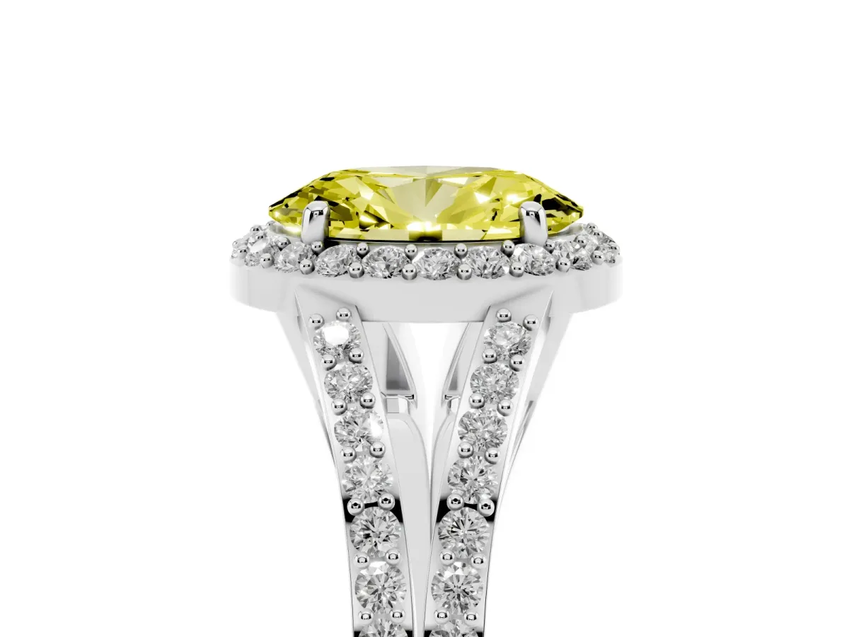 Fancy Yellow Oval Cut Halo Split Shank Diamond Ring with Prong Setting Silver