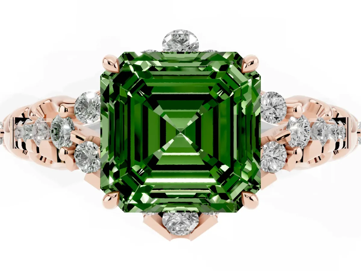 Fancy Green Asscher Cut Diamond Solitaire Ring with Hidden Halo and Pavé Band Rose gold
