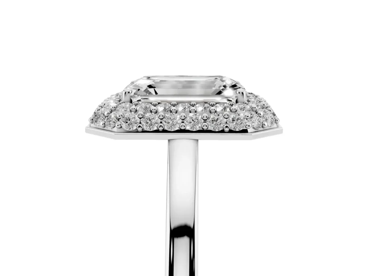 Emerald Cut Halo Diamond Engagement Ring with Solitaire Band and Four-Prong Setting Silver