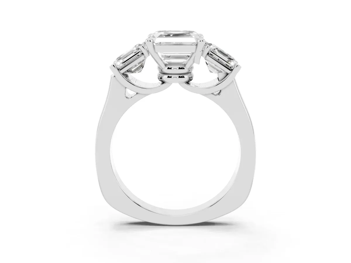 Three-Stone Asscher Cut Brilliant Diamond Trellis Ring with Comfort Fit Band Silver