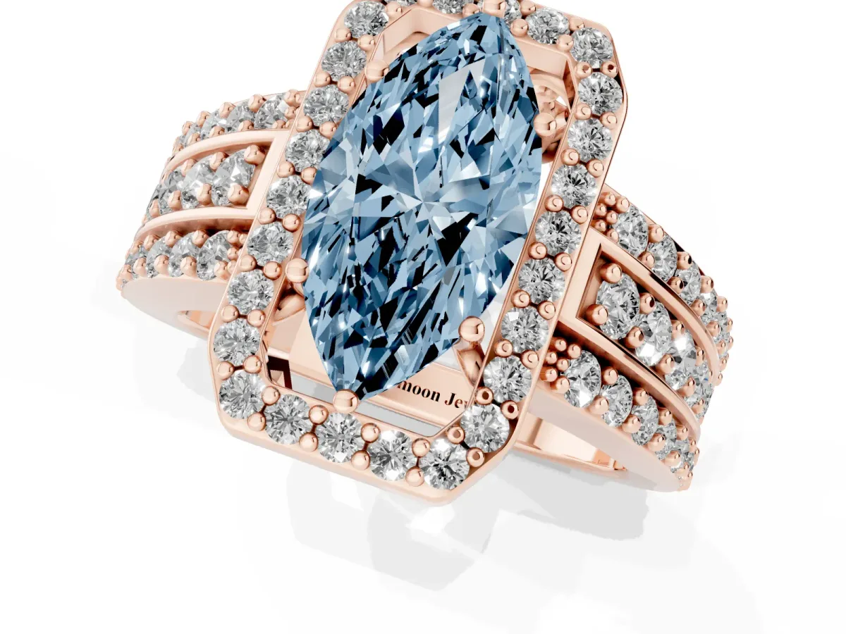 Fancy Blue Marquise Cut Halo Diamond Ring with Round Split Shank and Prong Setting Rose gold