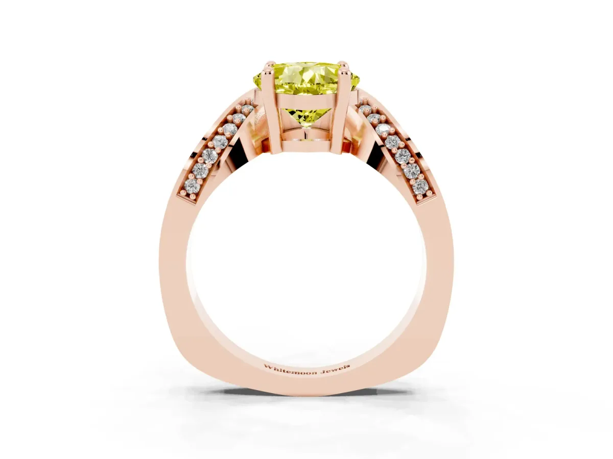 Fancy Yellow Cushion Cut Solitaire Diamond Engagement Ring with Pave Band and Four-Prong Setting Rose gold