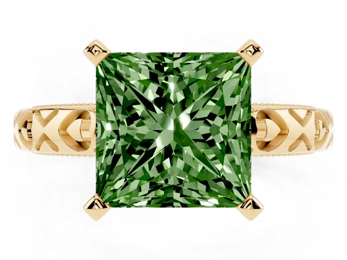 Fancy Green Princess Cut Solitaire Diamond Engagement Ring with XO Engraved Band and Four-Prong Setting Yellow gold