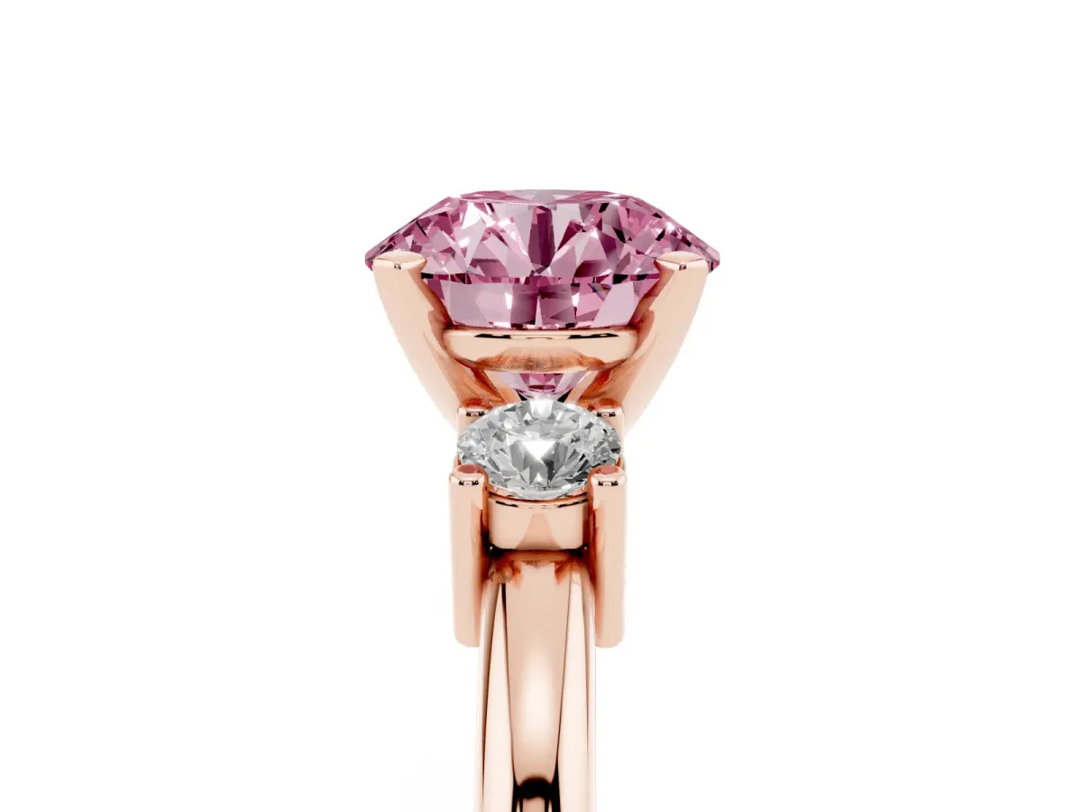 Fancy Pink Three-Stone Round Cut Cut Diamond Solitaire with Prong Setting and Classic Band Rose gold