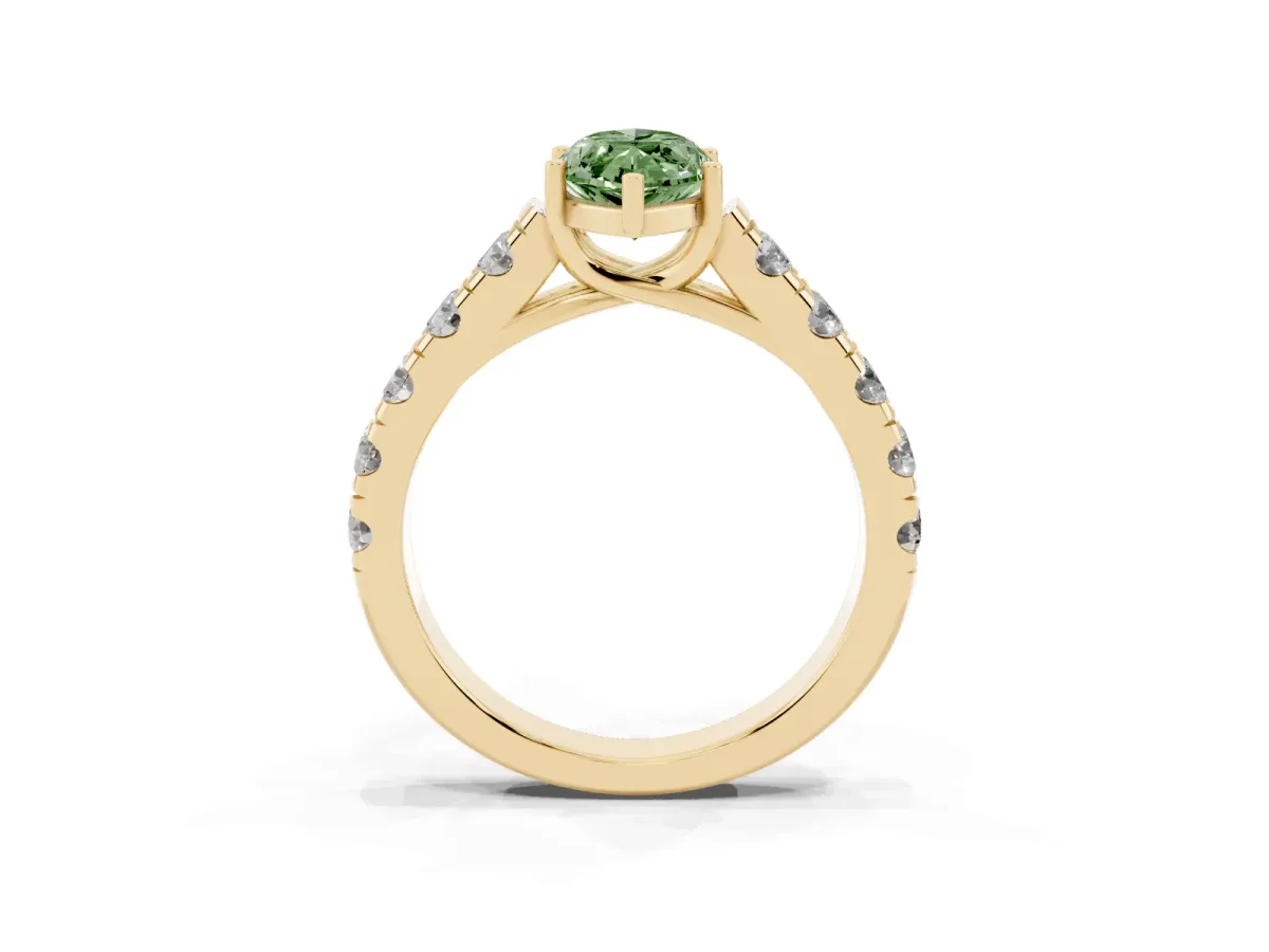 Fancy Green Marquise Cut Cut Diamond Solitaire Ring with Micro Pave Band and Prong Setting Yellow gold
