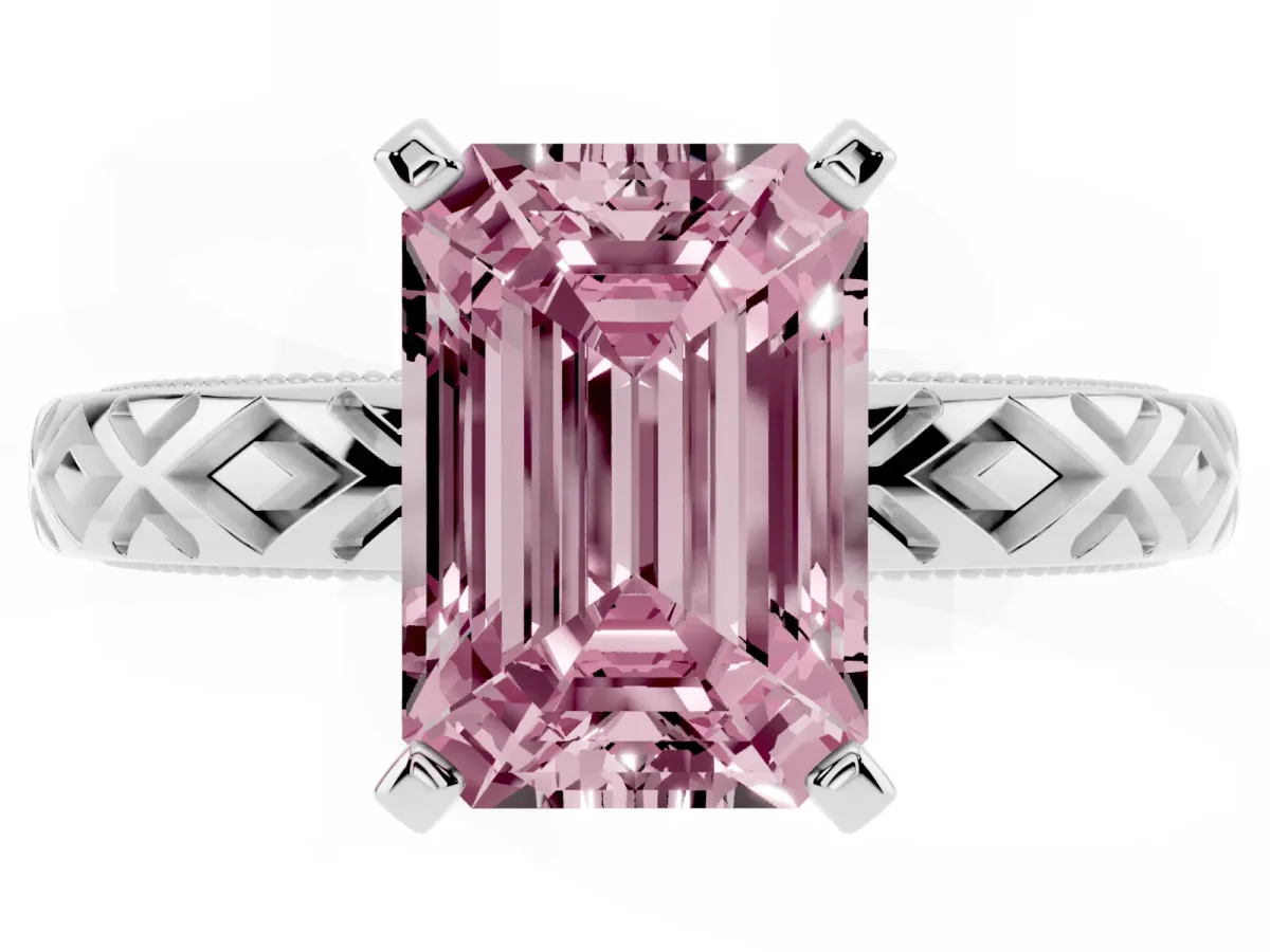 Fancy Pink Emerald Cut Solitaire Diamond Ring with Milgrain and Black Enamel X Pattern Band Platinum