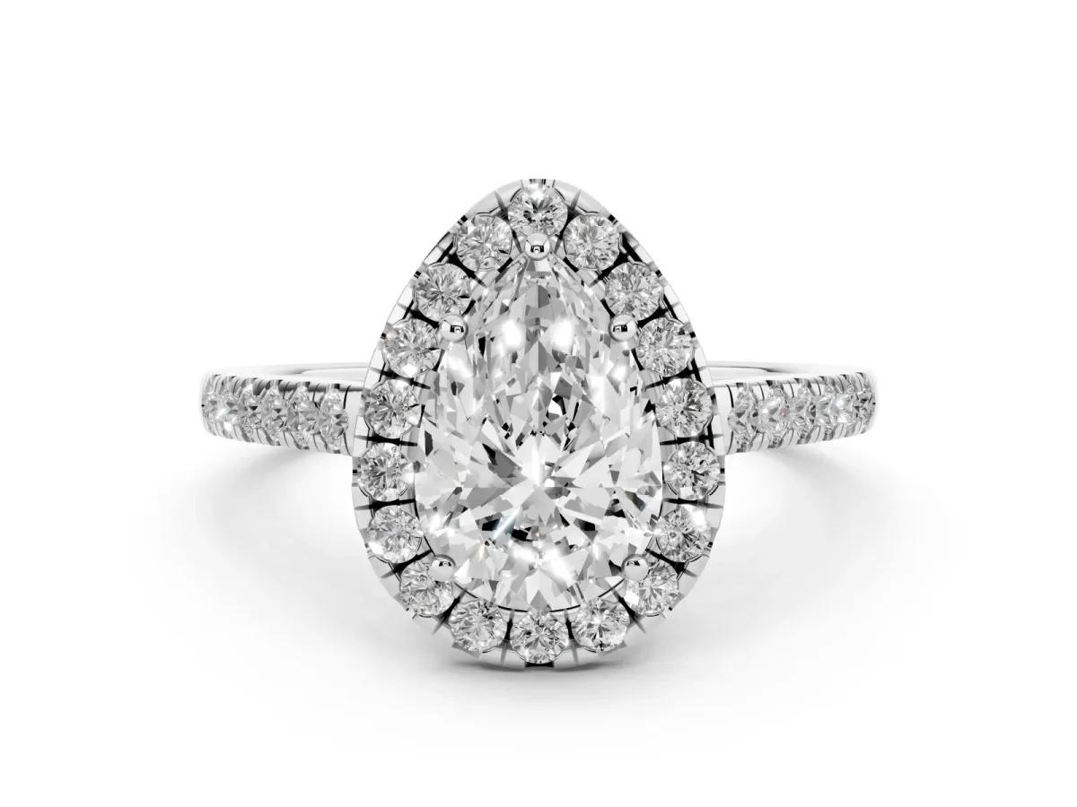 Pear Cut Halo Pave Diamond Engagement Ring with Four-Prong Setting Platinum