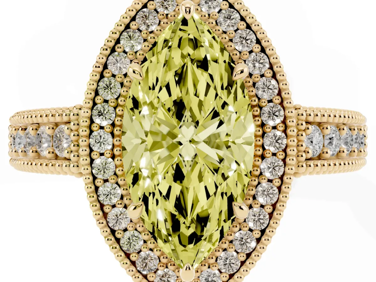 Fancy Yellow Marquise Cut Cut Halo Diamond Ring with Pavé Band and Four-Prong Setting Yellow gold