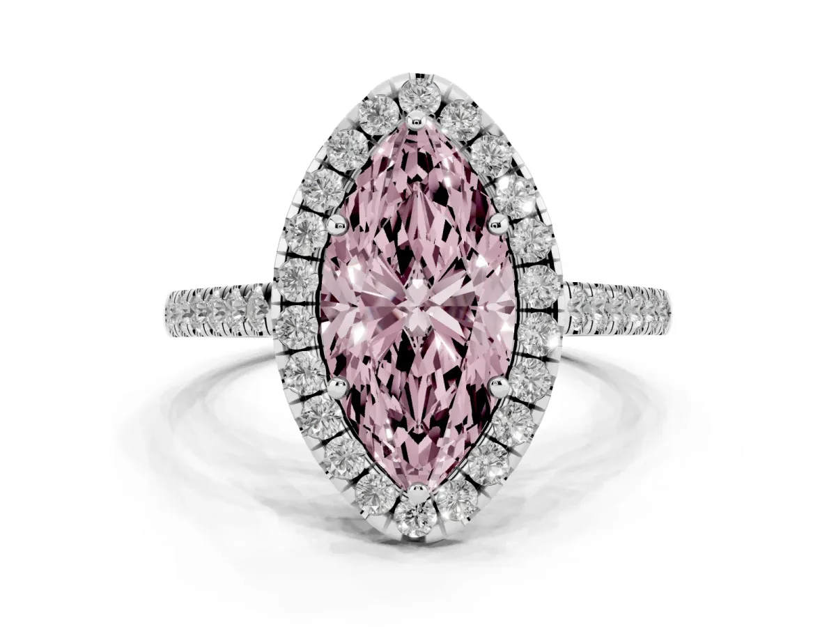 Fancy Pink Marquise Cut Halo Pave Diamond Engagement Ring with Four-Prong Setting Platinum