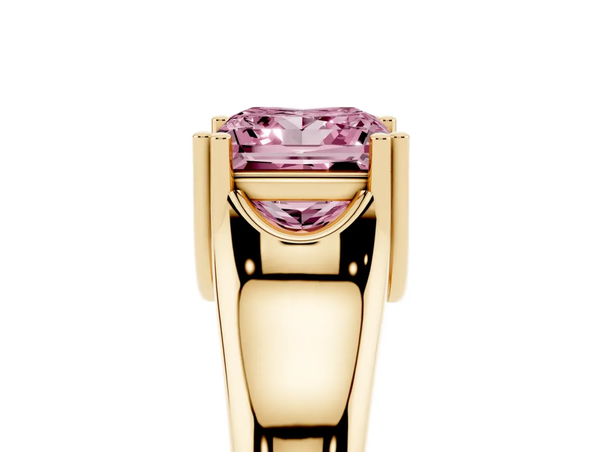 Fancy Pink Princess Cut Diamond Solitaire Ring with Wide Band and Prong Setting Yellow gold