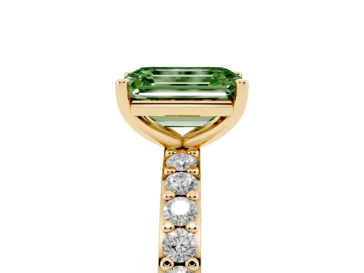 Fancy Green Emerald Cut Cut Diamond Solitaire with Pave Band and Four-Prong Setting Yellow gold