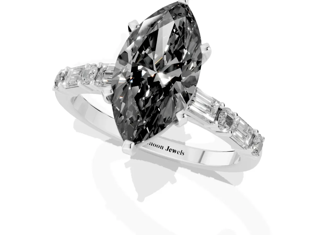 Fancy Black Marquise Cut Diamond Solitaire with Side Baguettes and Channel Set Band Silver