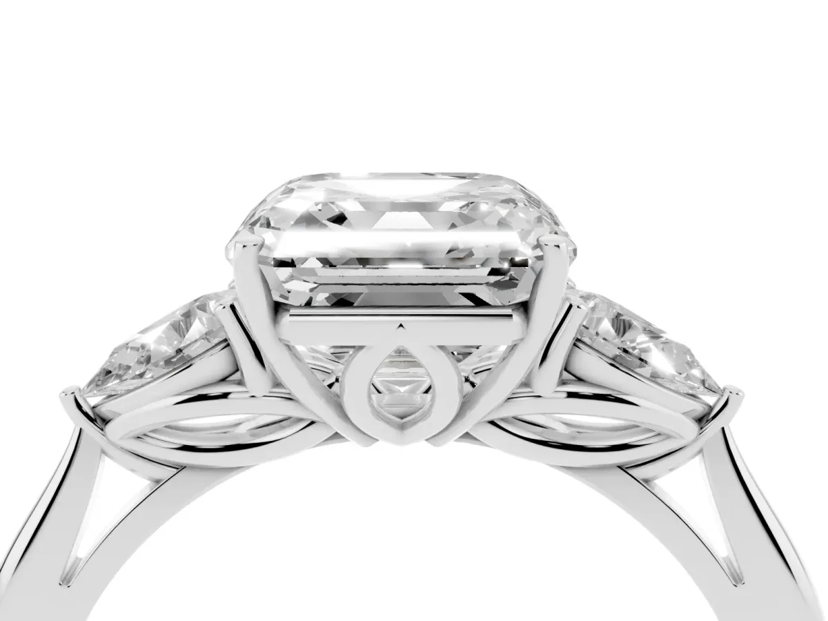 Three-Stone Asscher Cut Diamond Ring with Pear Side Stones in Four-Prong Setting Silver
