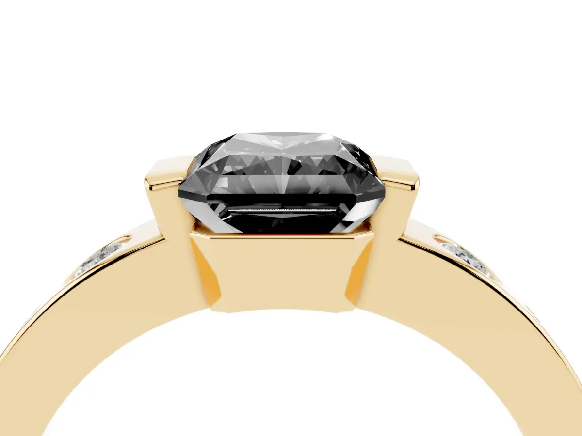 Fancy Black Radiant Cut Brilliant Channel-Set Diamond Ring with Bezel Prong Setting Yellow gold