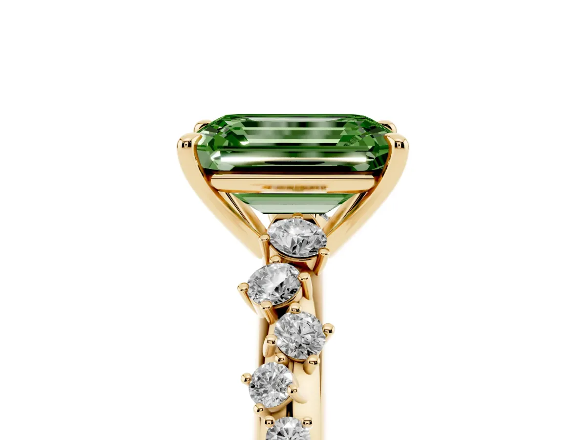 Fancy Green Emerald Cut Diamond Cluster Side Stone Solitaire Ring with Prong Setting Yellow gold