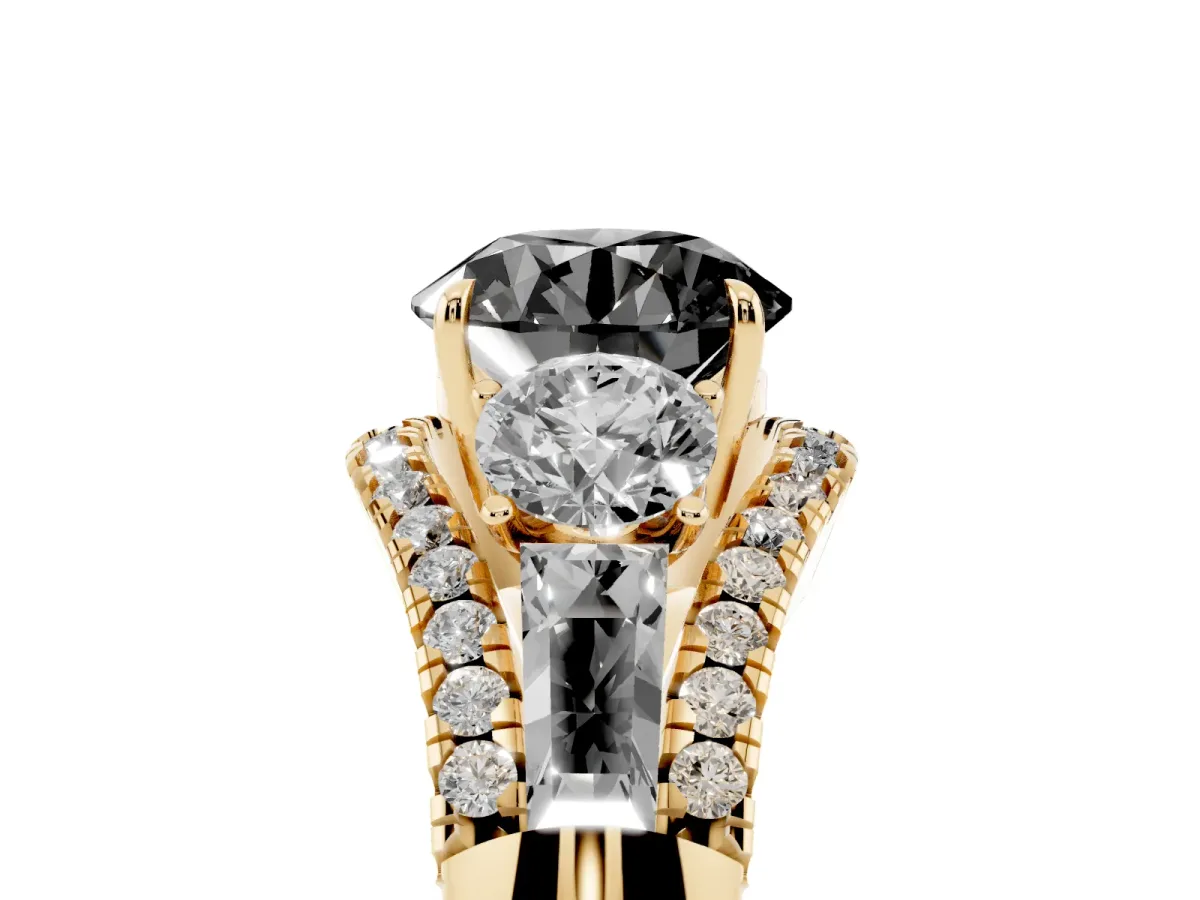 Fancy Black Three-Stone Round Cut Diamond Engagement Ring with Pave Band and Prong Setting Yellow gold