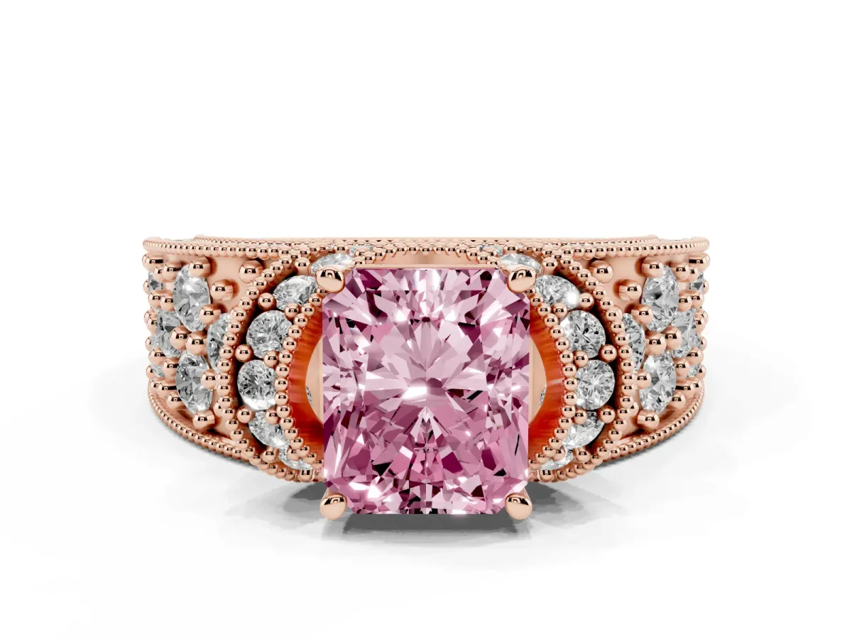 Fancy Pink Radiant Cut Halo Pave Diamond Engagement Ring with Milgrain Detailing Rose gold