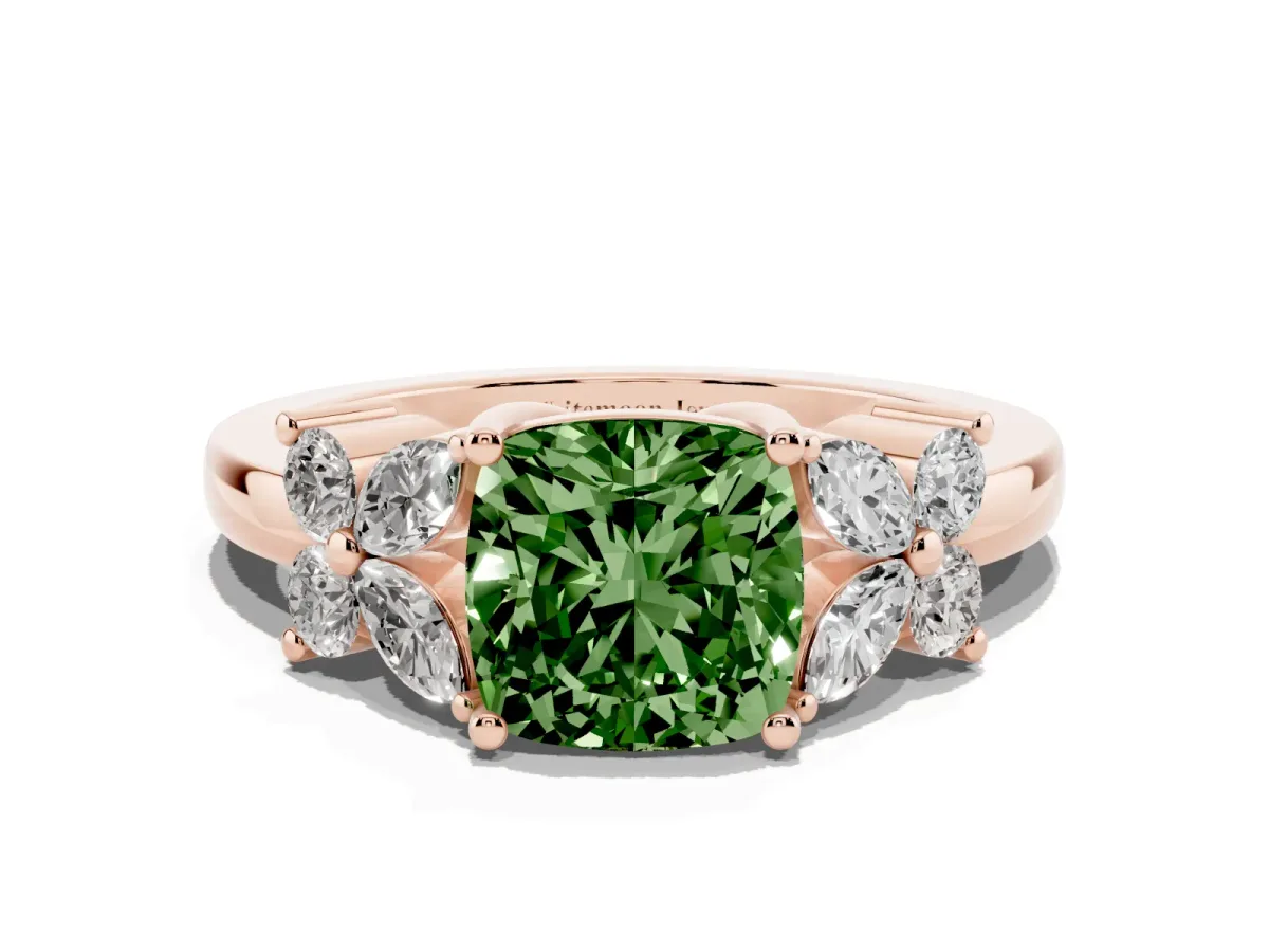 Fancy Green Cushion Cut Diamond Floral Cluster Ring with Solitaire Band and Prong Setting Rose gold