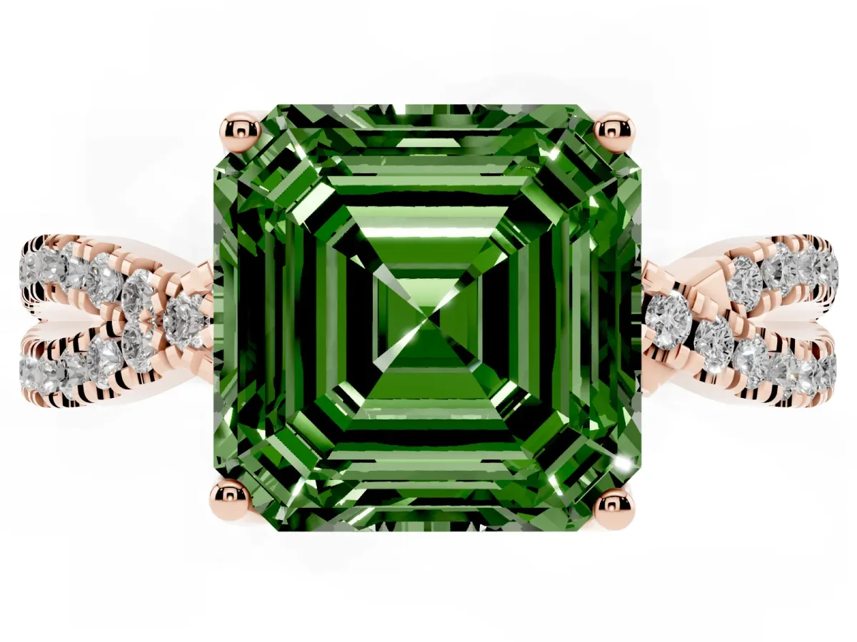 Fancy Green Asscher Cut Solitaire Twist Pave Diamond Engagement Ring with Prong Setting Rose gold