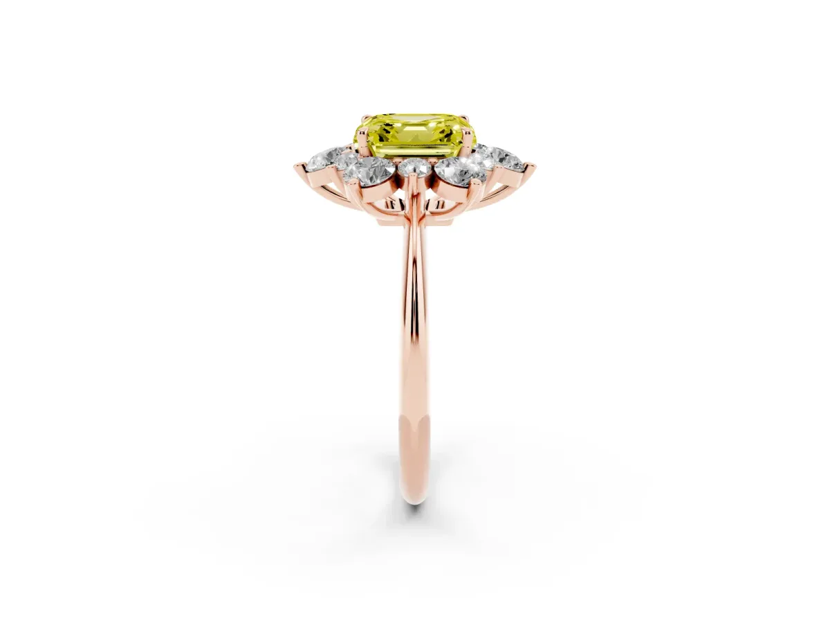 Fancy Yellow Asscher Cut Diamond Cluster Halo Ring with Solitaire Band and Four-Prong Setting Rose gold