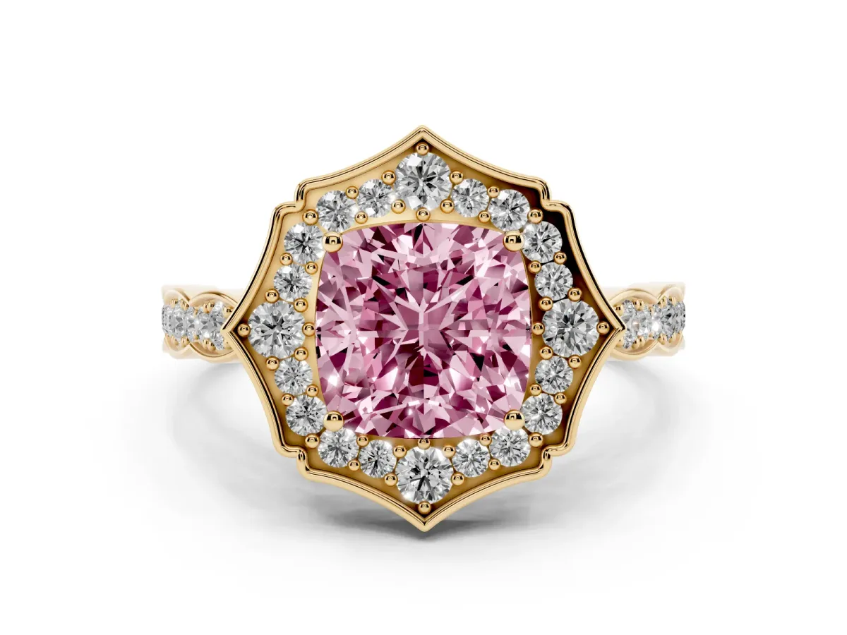 Fancy Pink Cushion Cut Halo Diamond Engagement Ring with Milgrain Band and Four-Prong Setting Yellow gold