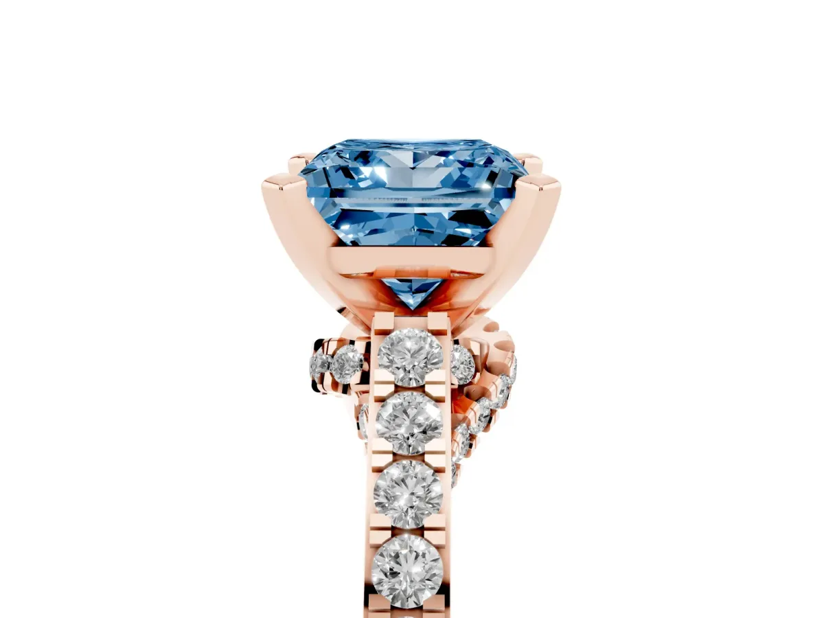 Fancy Blue Princess Cut Diamond Solitaire Ring with Crossover Gallery and Round Pavé Band Rose gold