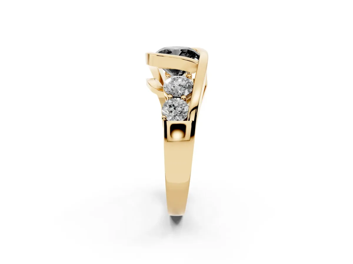 Fancy Black Bezel Set Cushion Cut Diamond Bypass Ring with Round Accents Yellow gold