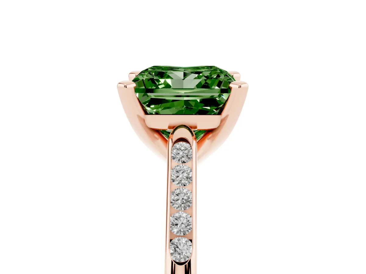 Fancy Green Princess Cut Diamond Solitaire Ring with Channel Set Round Band and Prong Setting Rose gold