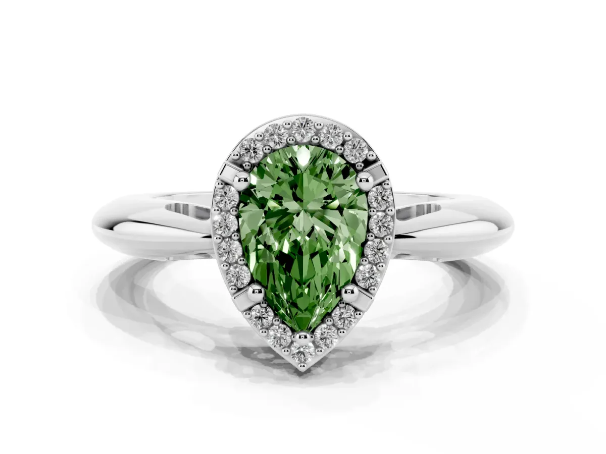 Fancy Green Pear Cut Cut Diamond Halo Engagement Ring with Split Shank and Four-Prong Setting Silver
