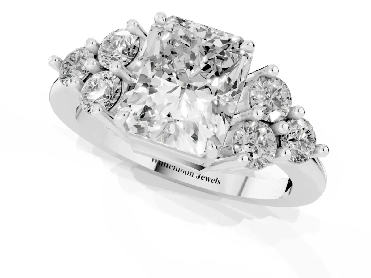 Radiant Cut Brilliant Diamond Cluster Accent Solitaire Ring with Prong Setting Silver